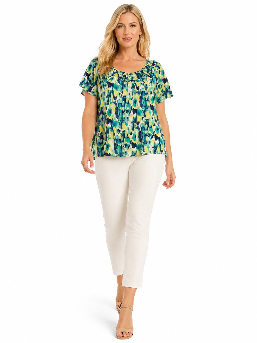 R200 STYLE & CO WOMAN 3X ABSTRACT PRINT SHORT SLEEVE TOP TEAL GREEN YELLOW